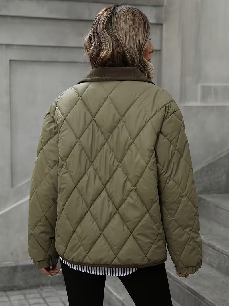 Women's Short Coat – Rhombus Pattern & Contrast Trim