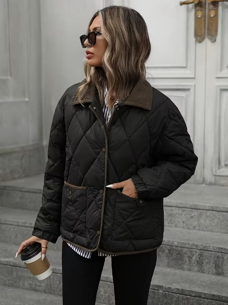 Women's Short Coat – Rhombus Pattern & Contrast Trim