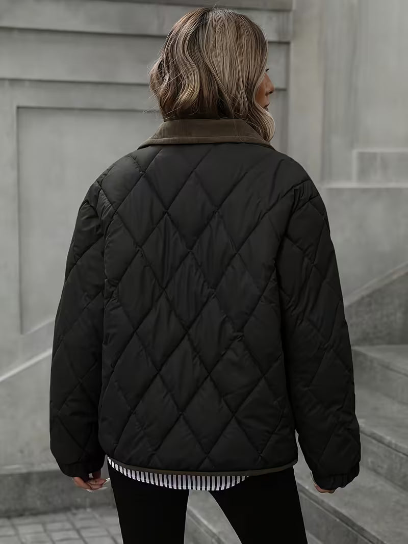 Women's Short Coat – Rhombus Pattern & Contrast Trim