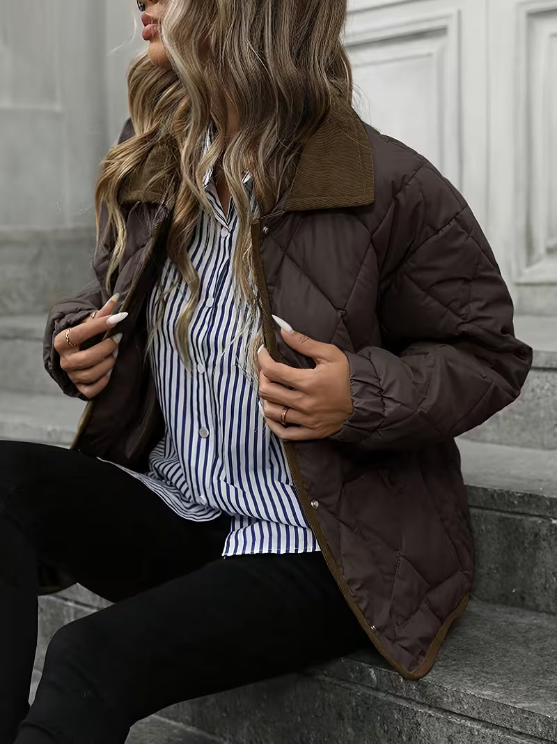 Women's Short Coat – Rhombus Pattern & Contrast Trim
