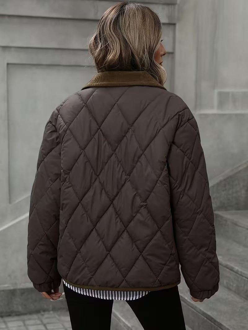 Women's Short Coat – Rhombus Pattern & Contrast Trim