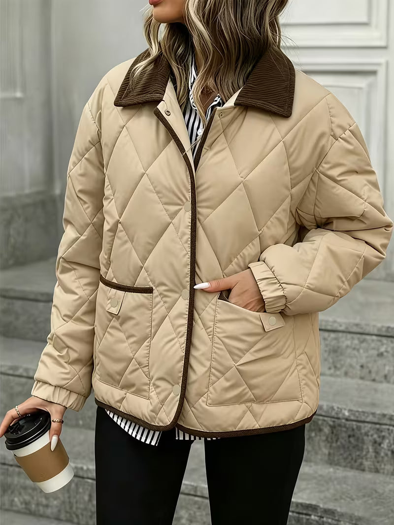 Women's Short Coat – Rhombus Pattern & Contrast Trim
