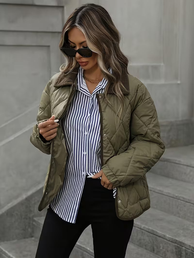 Women's Short Coat – Rhombus Pattern & Contrast Trim