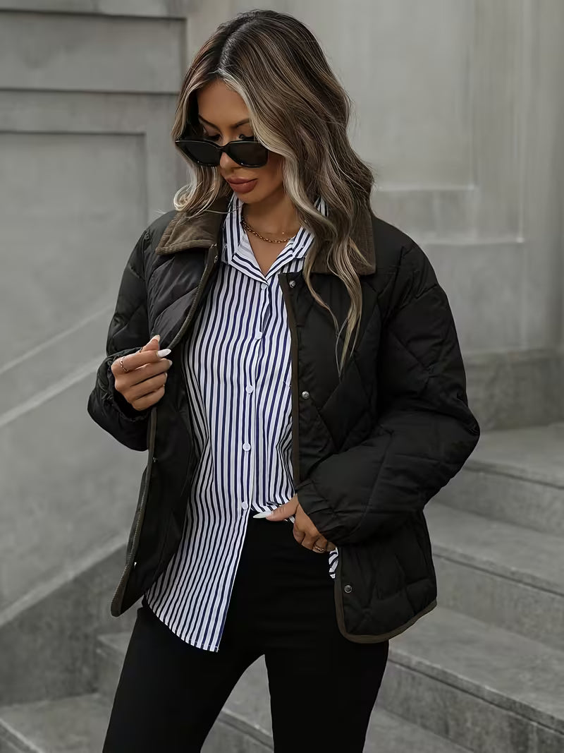 Women's Short Coat – Rhombus Pattern & Contrast Trim