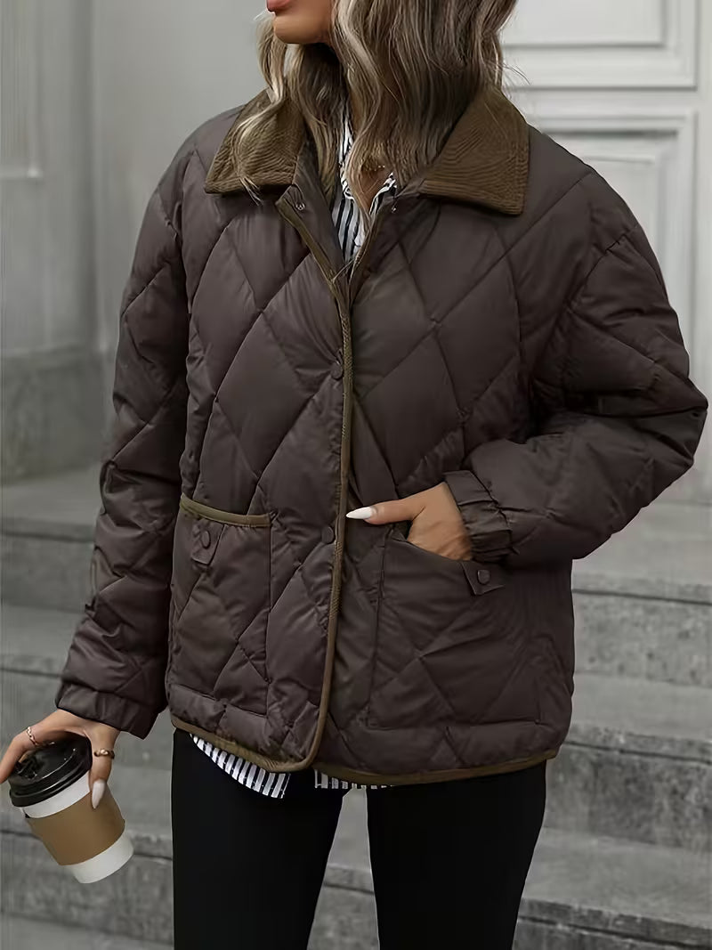 Women's Short Coat – Rhombus Pattern & Contrast Trim