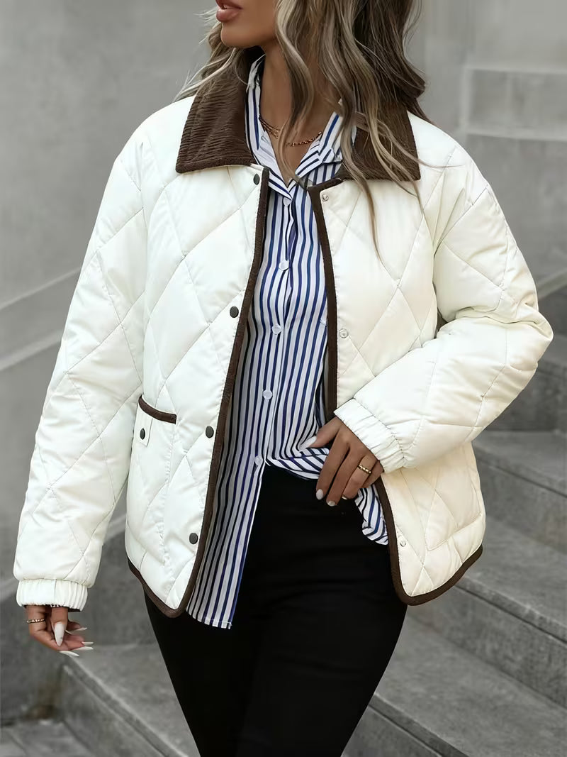 Women's Short Coat – Rhombus Pattern & Contrast Trim
