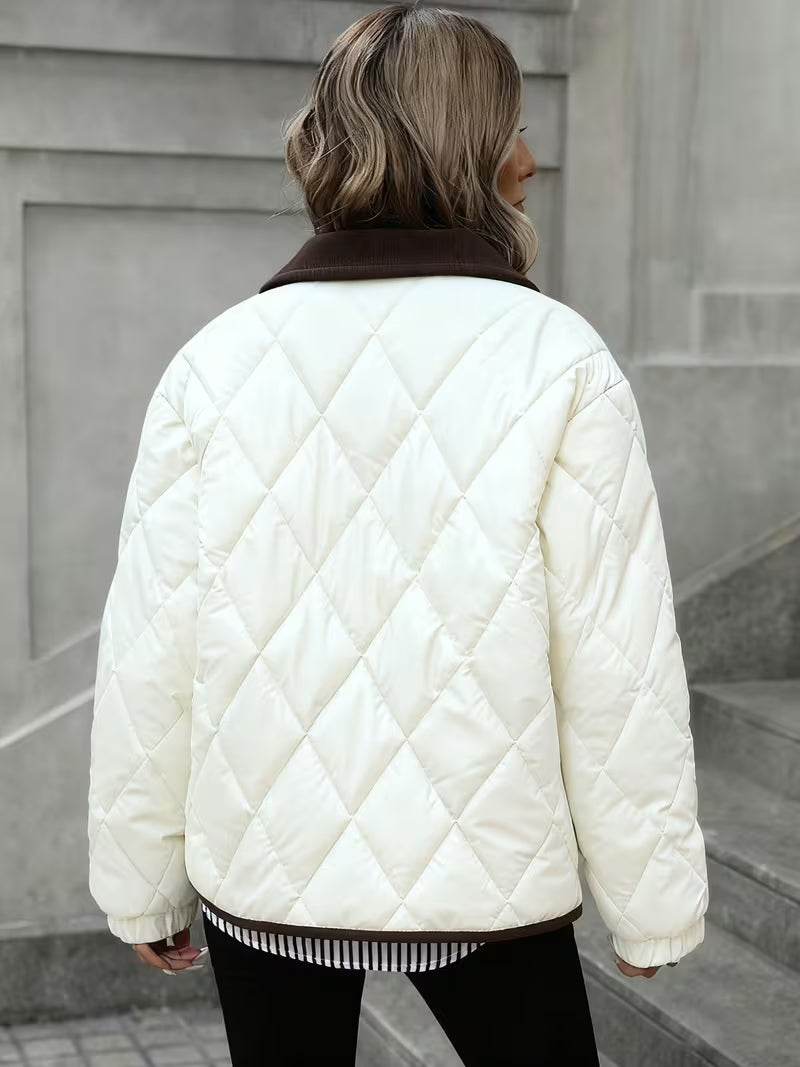 Women's Short Coat – Rhombus Pattern & Contrast Trim