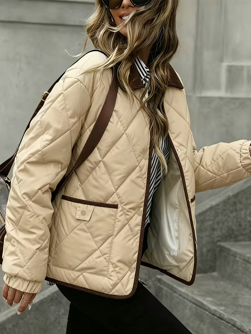 Women's Short Coat – Rhombus Pattern & Contrast Trim