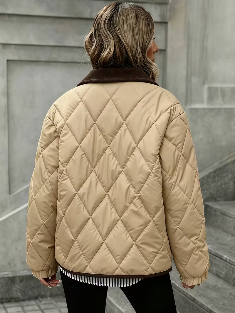 Women's Short Coat – Rhombus Pattern & Contrast Trim