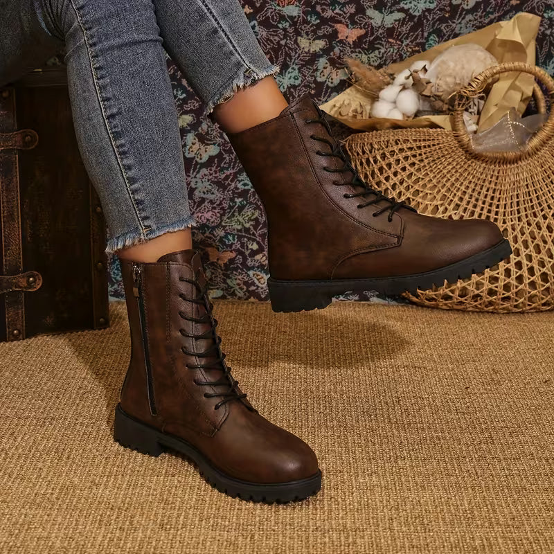 Women's Western Ankle Boots – Lace-Up Design & Chunky Low Heel