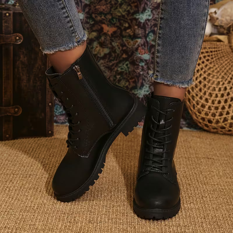 Women's Western Ankle Boots – Lace-Up Design & Chunky Low Heel
