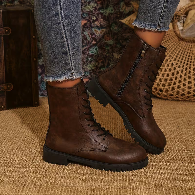 Women's Western Ankle Boots – Lace-Up Design & Chunky Low Heel