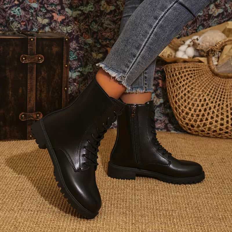 Women's Western Ankle Boots – Lace-Up Design & Chunky Low Heel