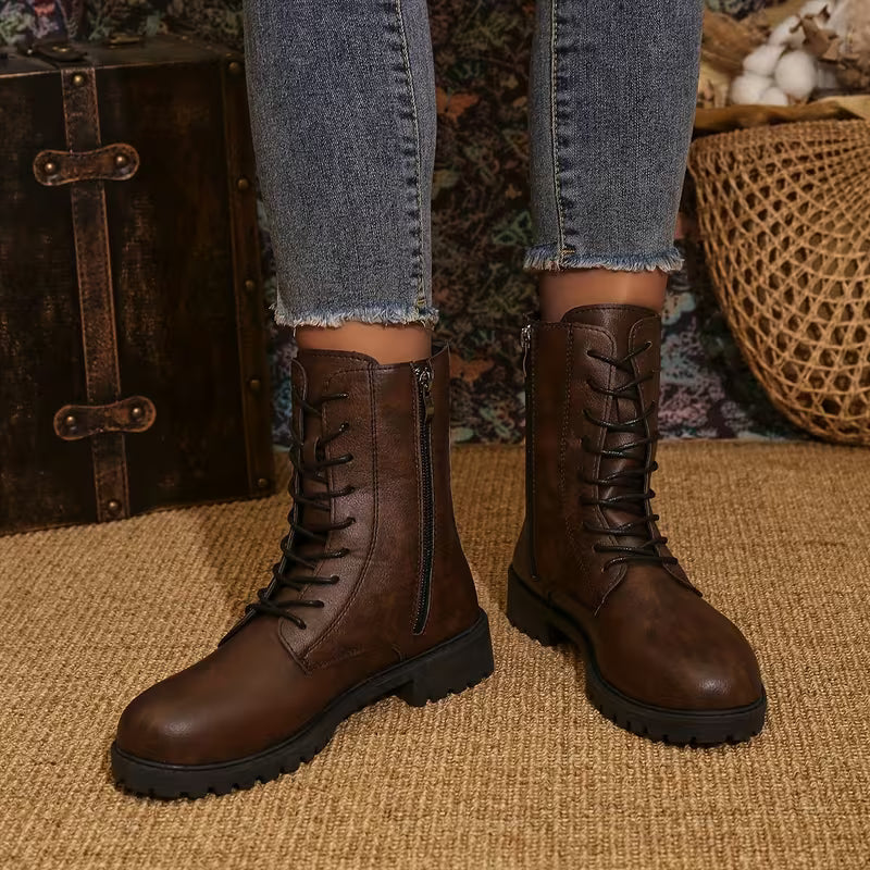 Women's Western Ankle Boots – Lace-Up Design & Chunky Low Heel