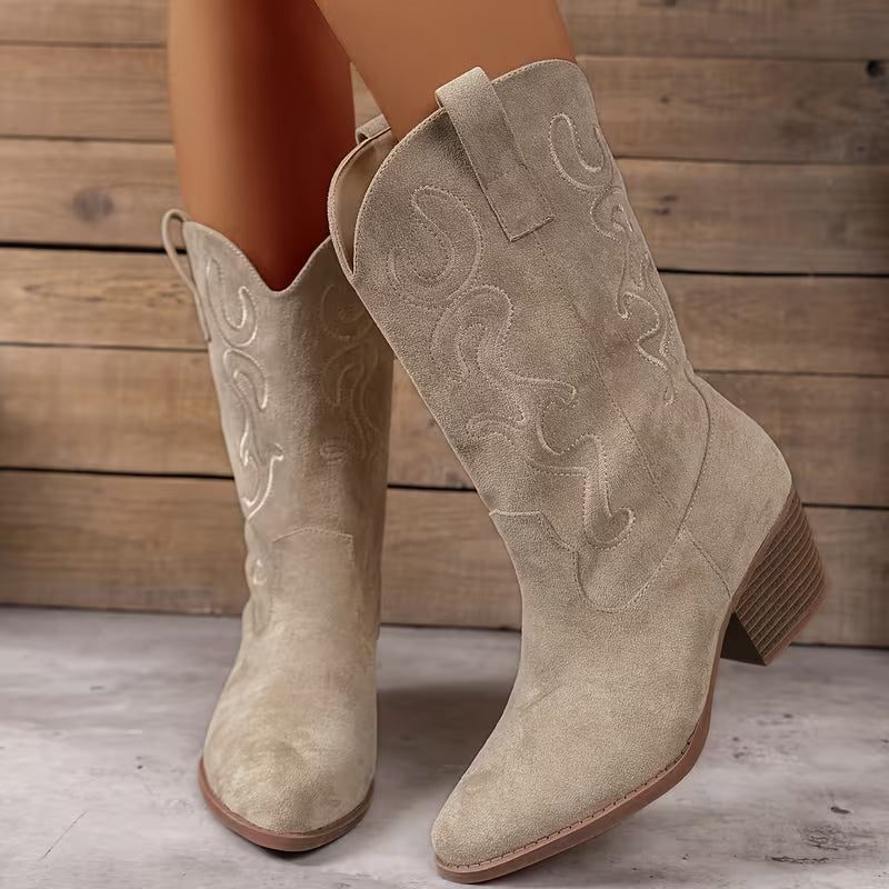 Women's Western Cowboy Boots – Embroidered Design & Chunky Heel