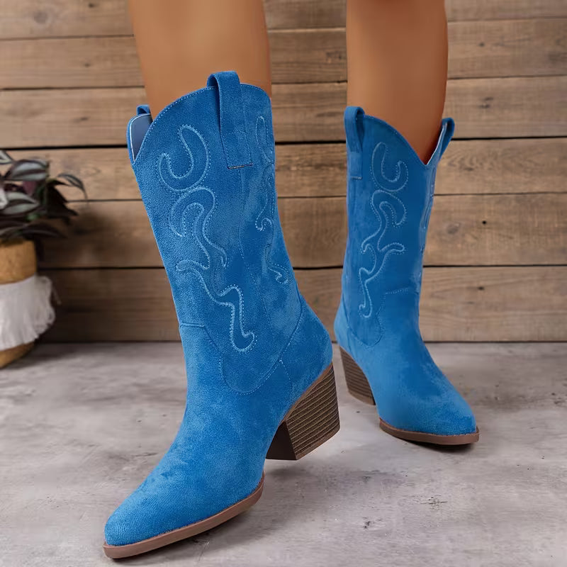 Women's Western Cowboy Boots – Embroidered Design & Chunky Heel