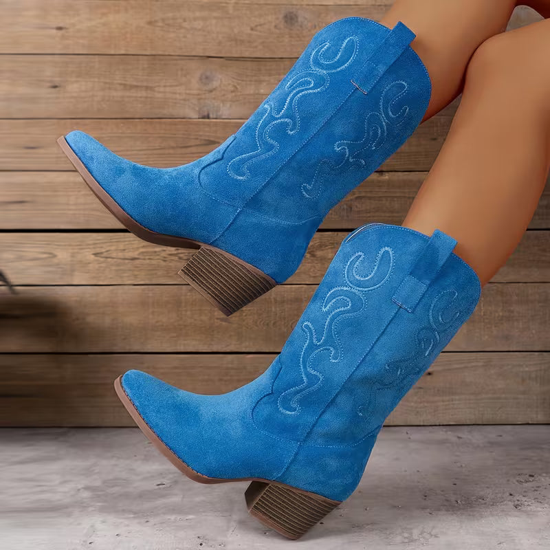 Women's Western Cowboy Boots – Embroidered Design & Chunky Heel