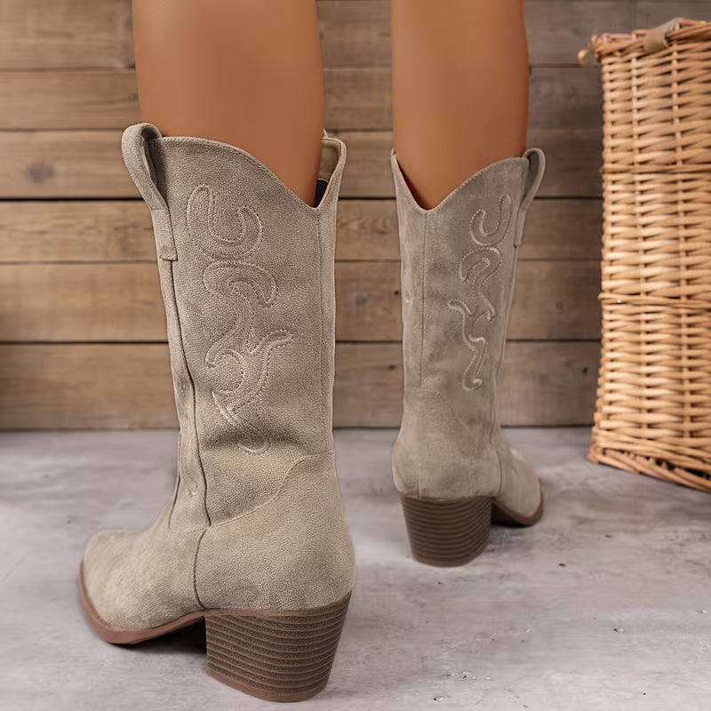 Women's Western Cowboy Boots – Embroidered Design & Chunky Heel