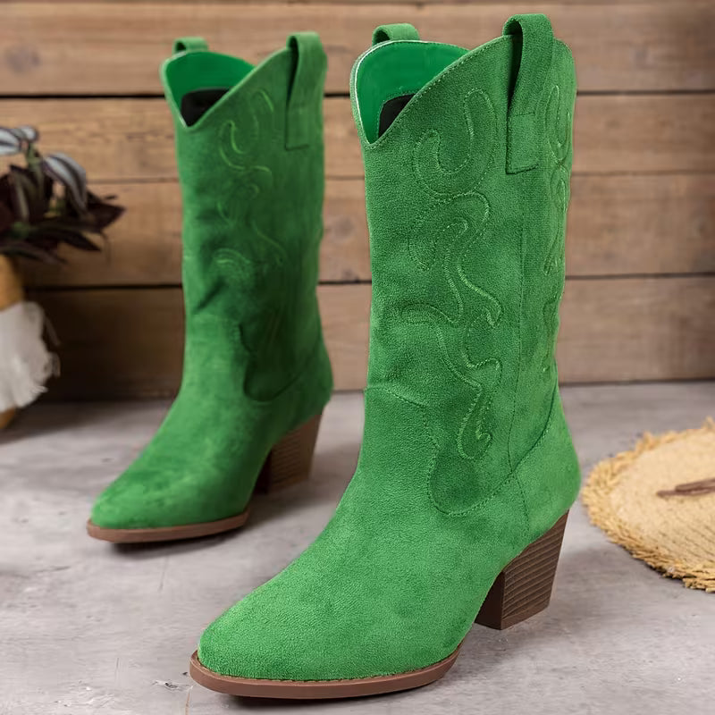 Women's Western Cowboy Boots – Embroidered Design & Chunky Heel