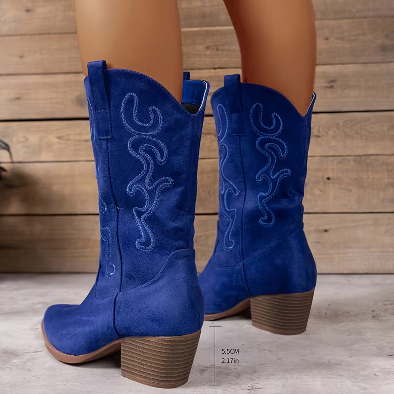 Women's Western Cowboy Boots – Embroidered Design & Chunky Heel