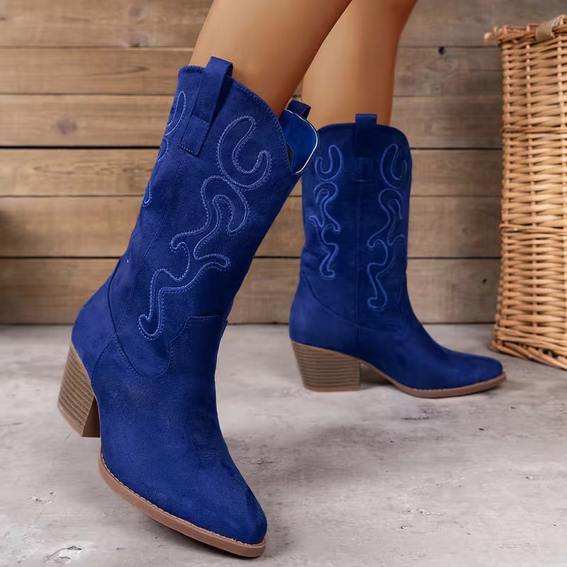 Women's Western Cowboy Boots – Embroidered Design & Chunky Heel