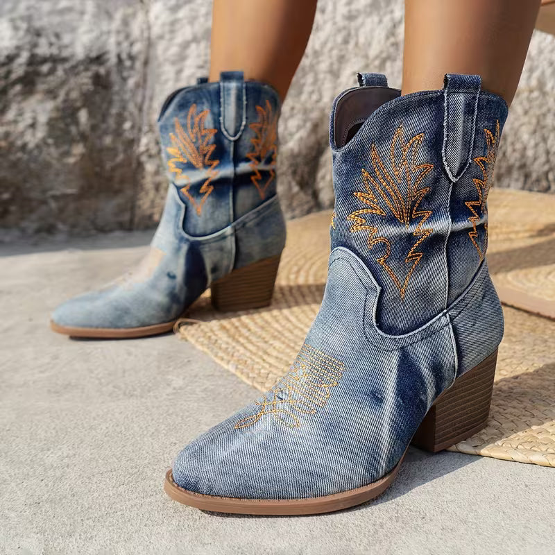 Women's Western Cowboy Boots – Embroidered Details & Washed Finish