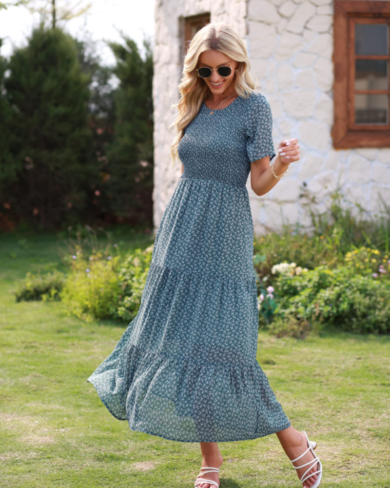 Women's Floral Maxi Dress with Smocked Bust by Bellmaren