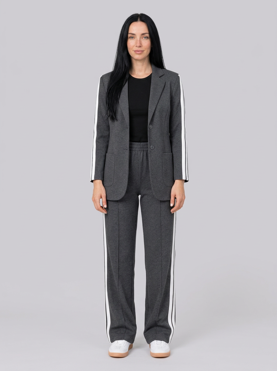 Women's Longline Blazer and Wide-Leg Trousers Set with Side Stripes