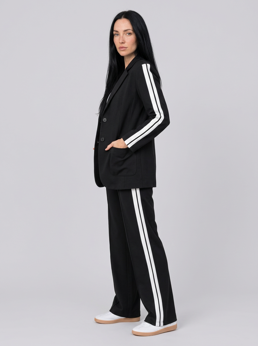 Women's Longline Blazer and Wide-Leg Trousers Set with Side Stripes