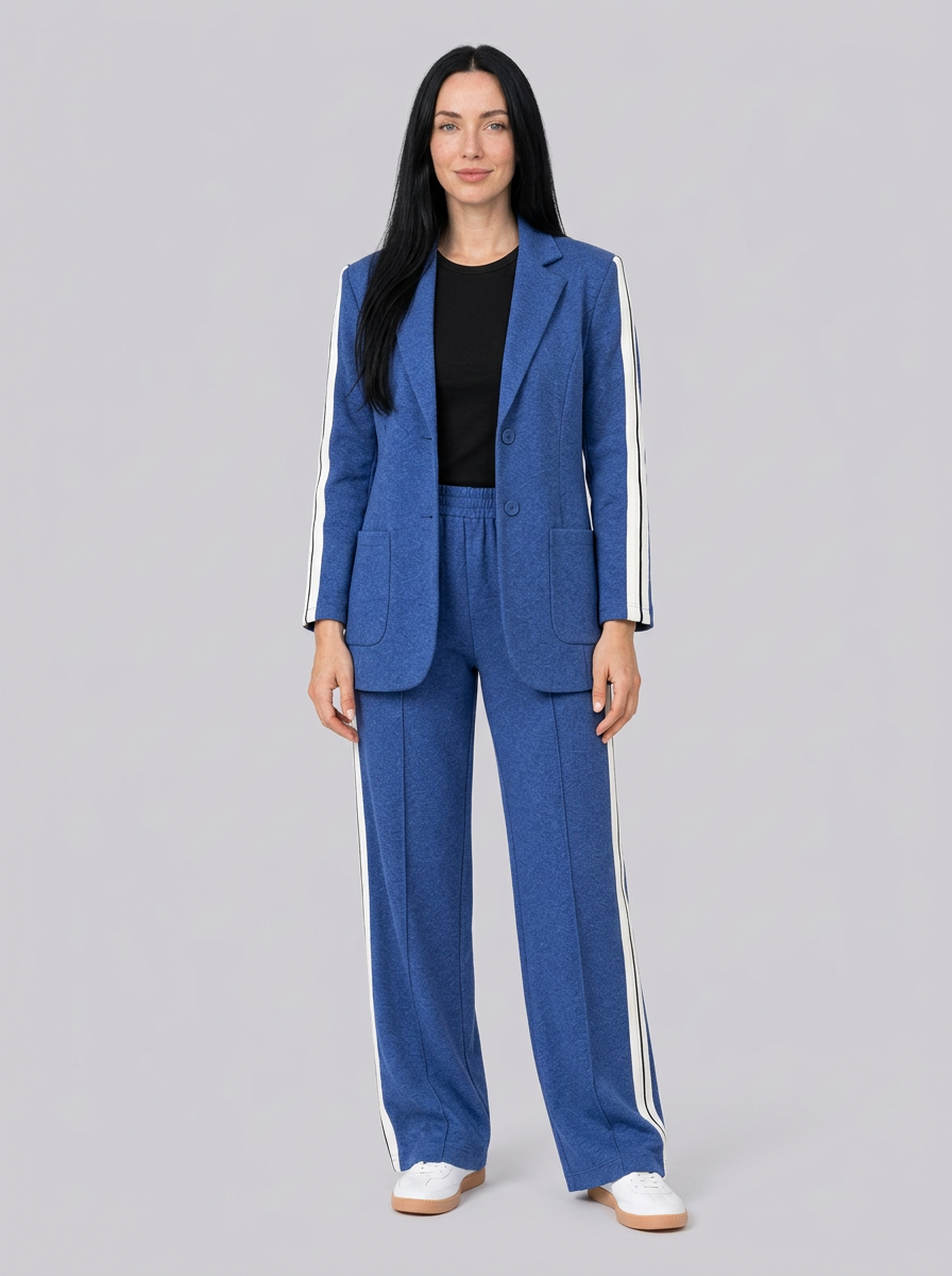 Women's Longline Blazer and Wide-Leg Trousers Set with Side Stripes