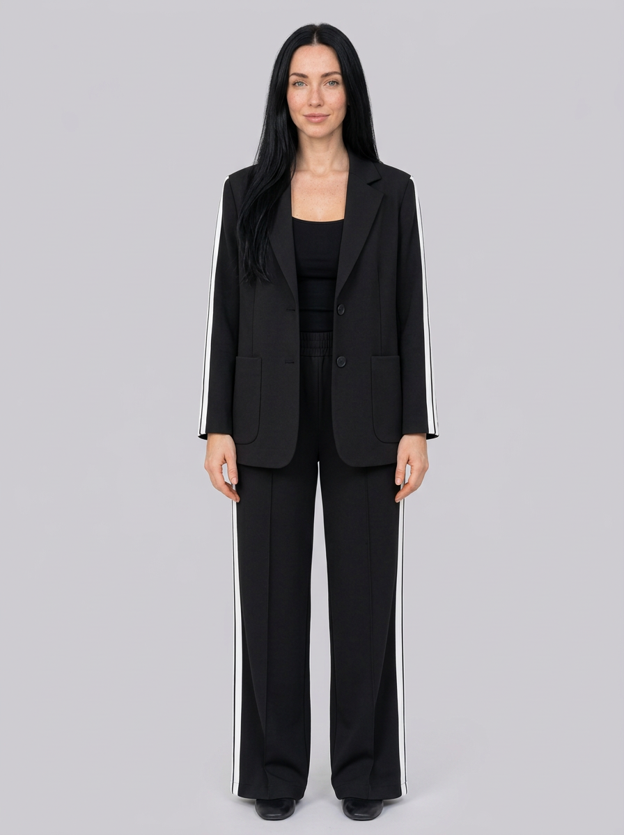Women's Longline Blazer and Wide-Leg Trousers Set with Side Stripes