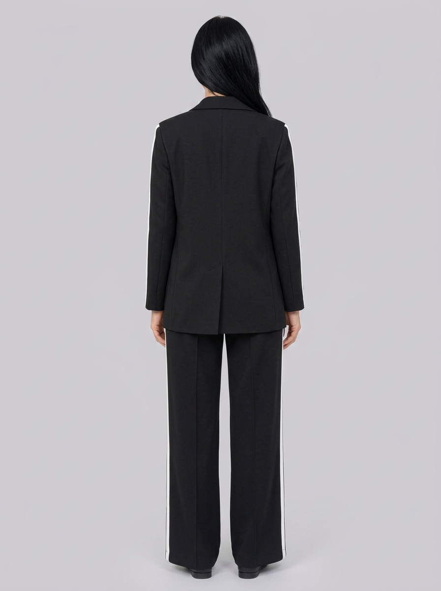 Women's Longline Blazer and Wide-Leg Trousers Set with Side Stripes