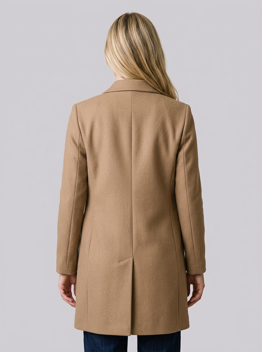 Women's Mid-Length Tailored Coat – Notched Lapels & Structured Seams