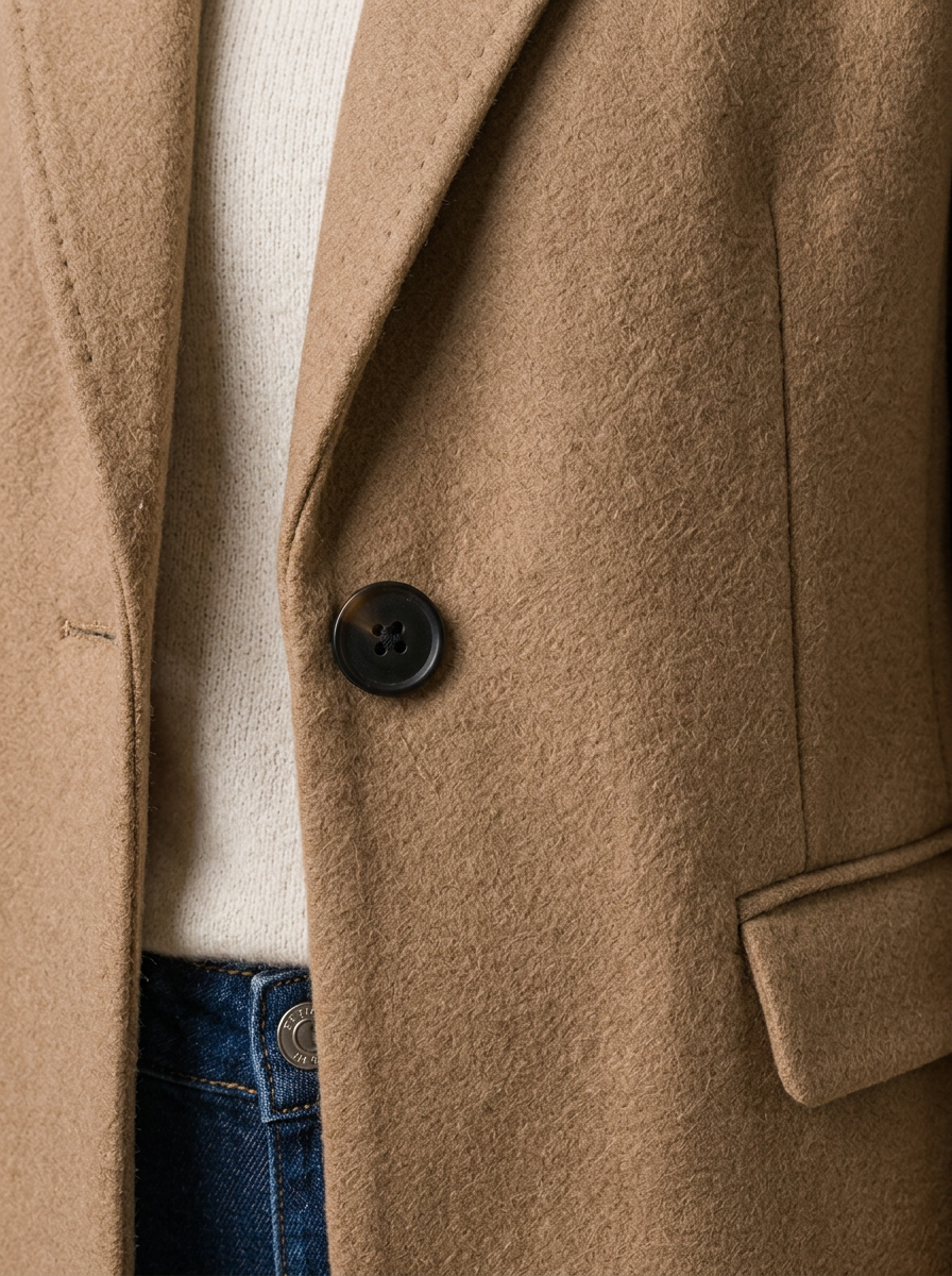 Women's Mid-Length Tailored Coat – Notched Lapels & Structured Seams