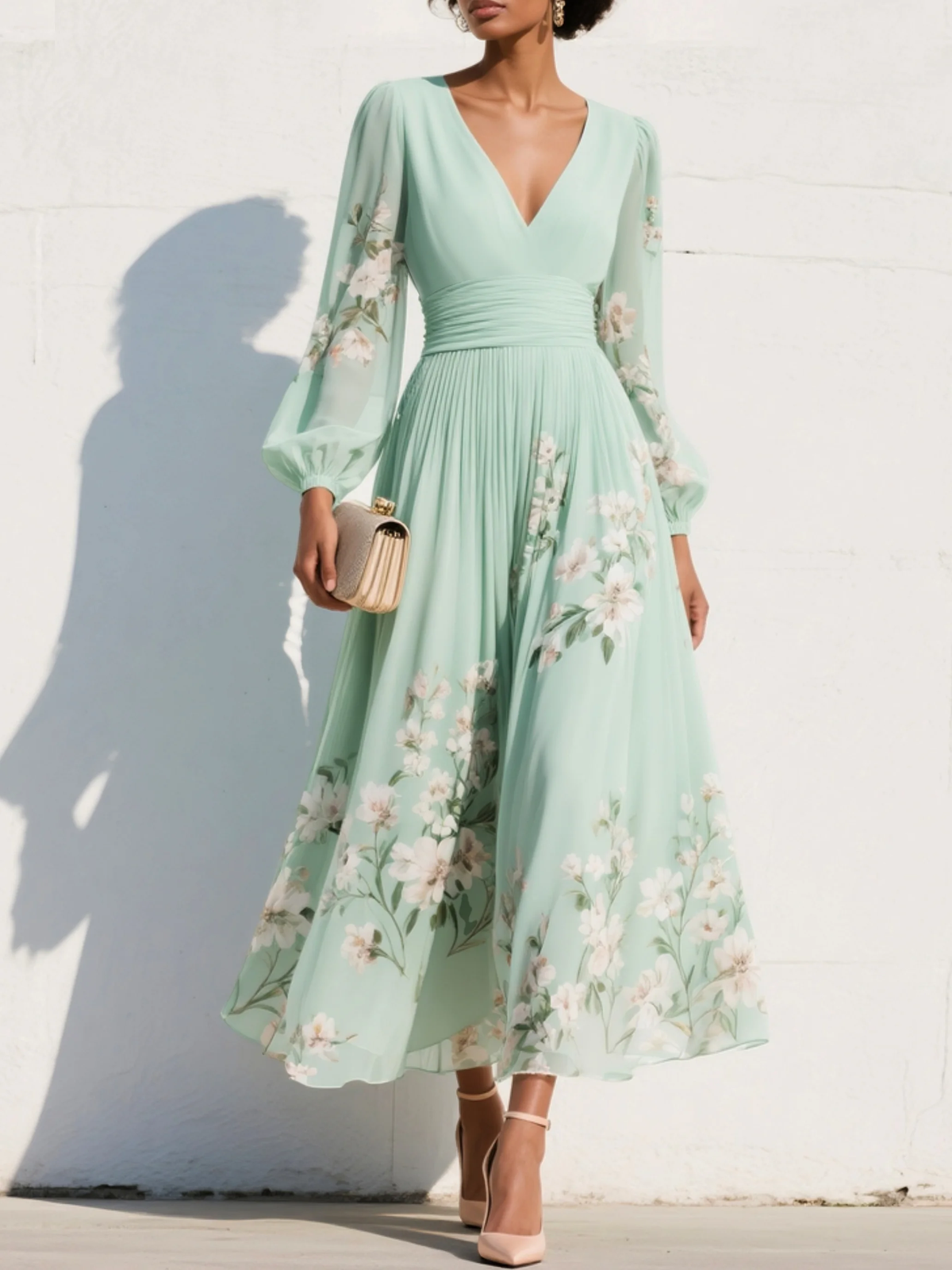 Monroe | V-Neck Chiffon Floral Midi Dress by Bellmaren