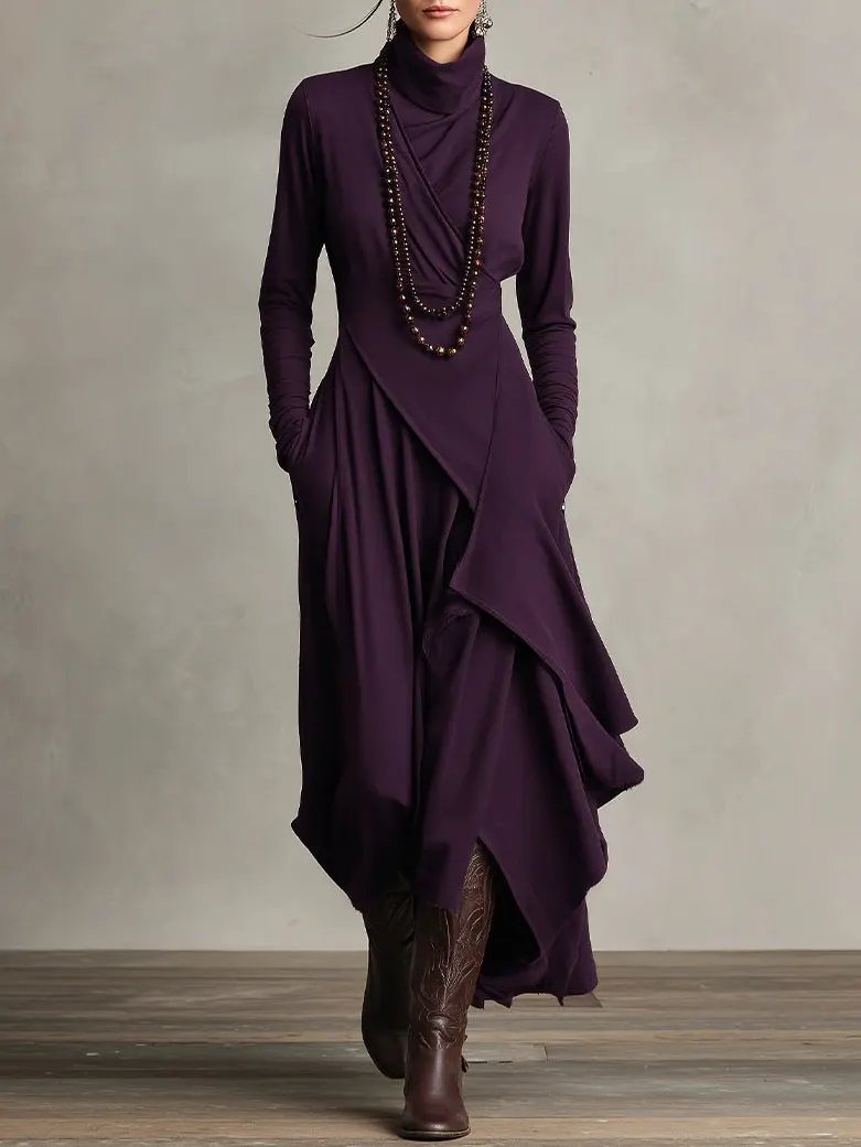 Women's High Neck Maxi Dress – Layered Skirt, Flowing