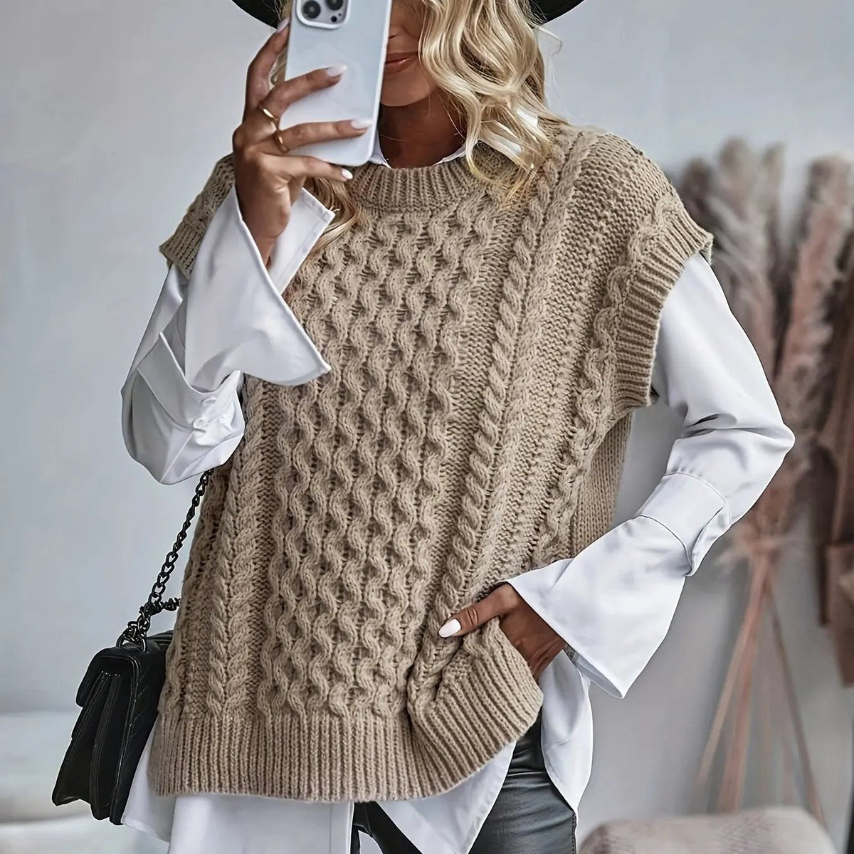 Women's Brown Cable-Knit Tank Top-Women's Vests-Bellmaren-Khaki-S-My Store