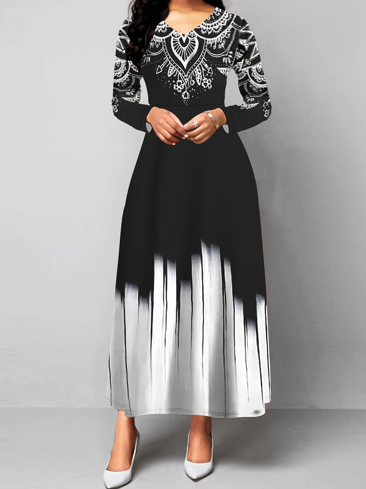 Women's Printed Flared Maxi Dress with Flowing Hem-Women's Dresses-Bellmaren-Black-S-My Store