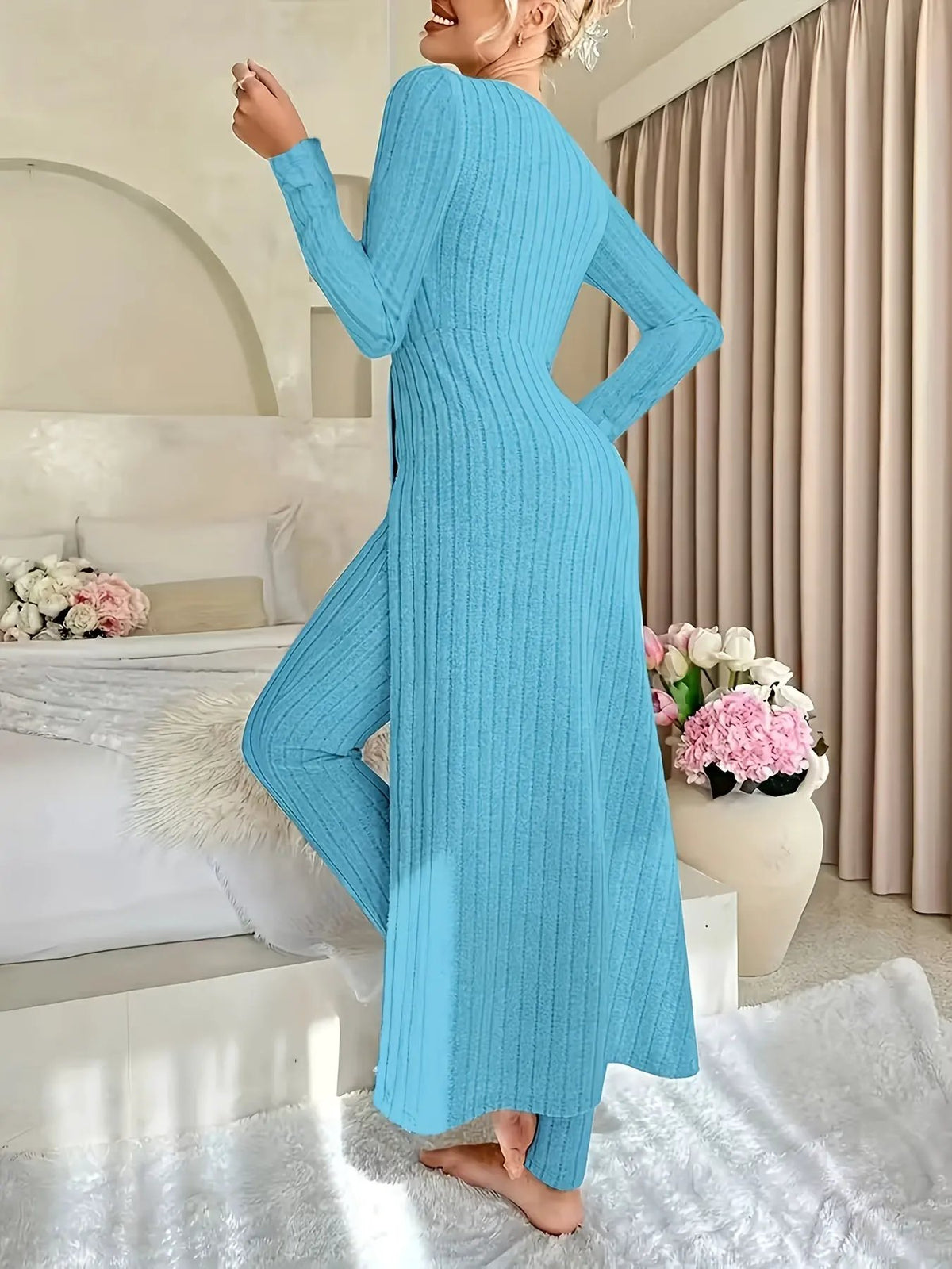 Women's Ribbed Loungewear Tunic and Wide Leg Trouser Set-Women's Loungewear Sets-Bellmaren-Sage-S-My Store