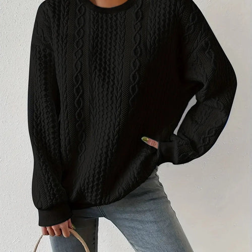 Women's Textured Cable-Knit Sweatshirt Crewneck Design-Women's Sweaters-Bellmaren-Black-S-My Store