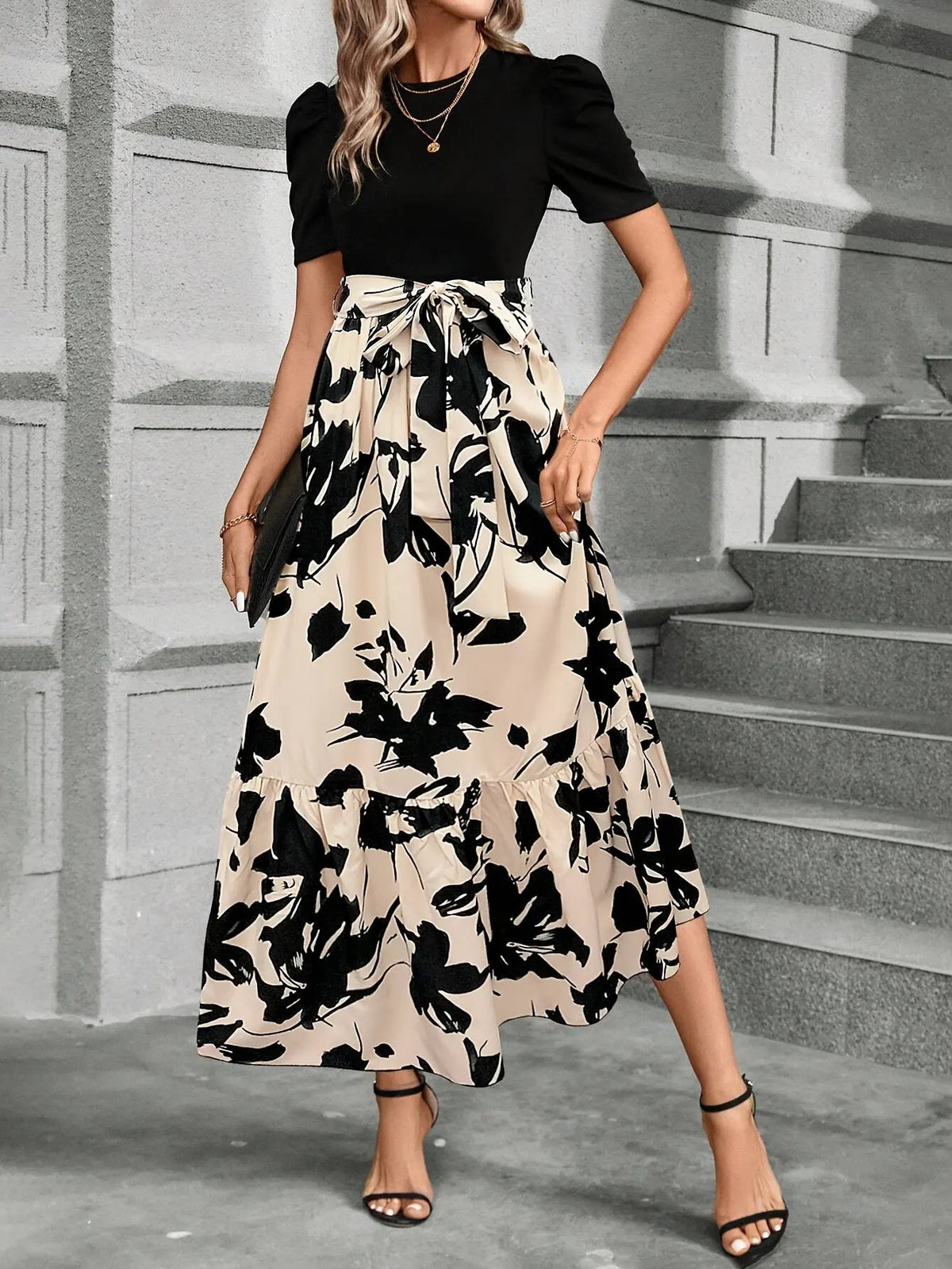 Women's Printed Tiered Maxi Dress with Tie Waist-Women's Dresses-Bellmaren-Green Black-XS-My Store