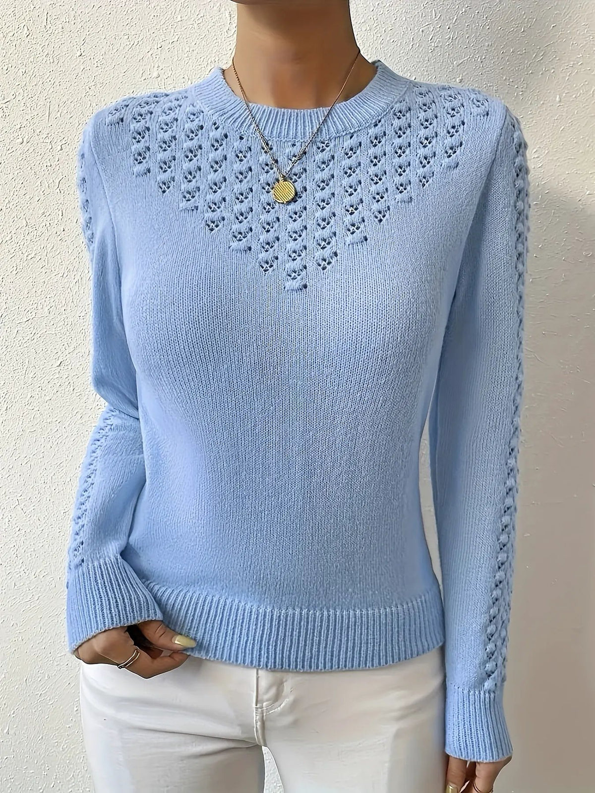 Women's Pointelle Knit Round Neck Jumper-Women's Sweaters-Bellmaren-Light Blue-XS-My Store