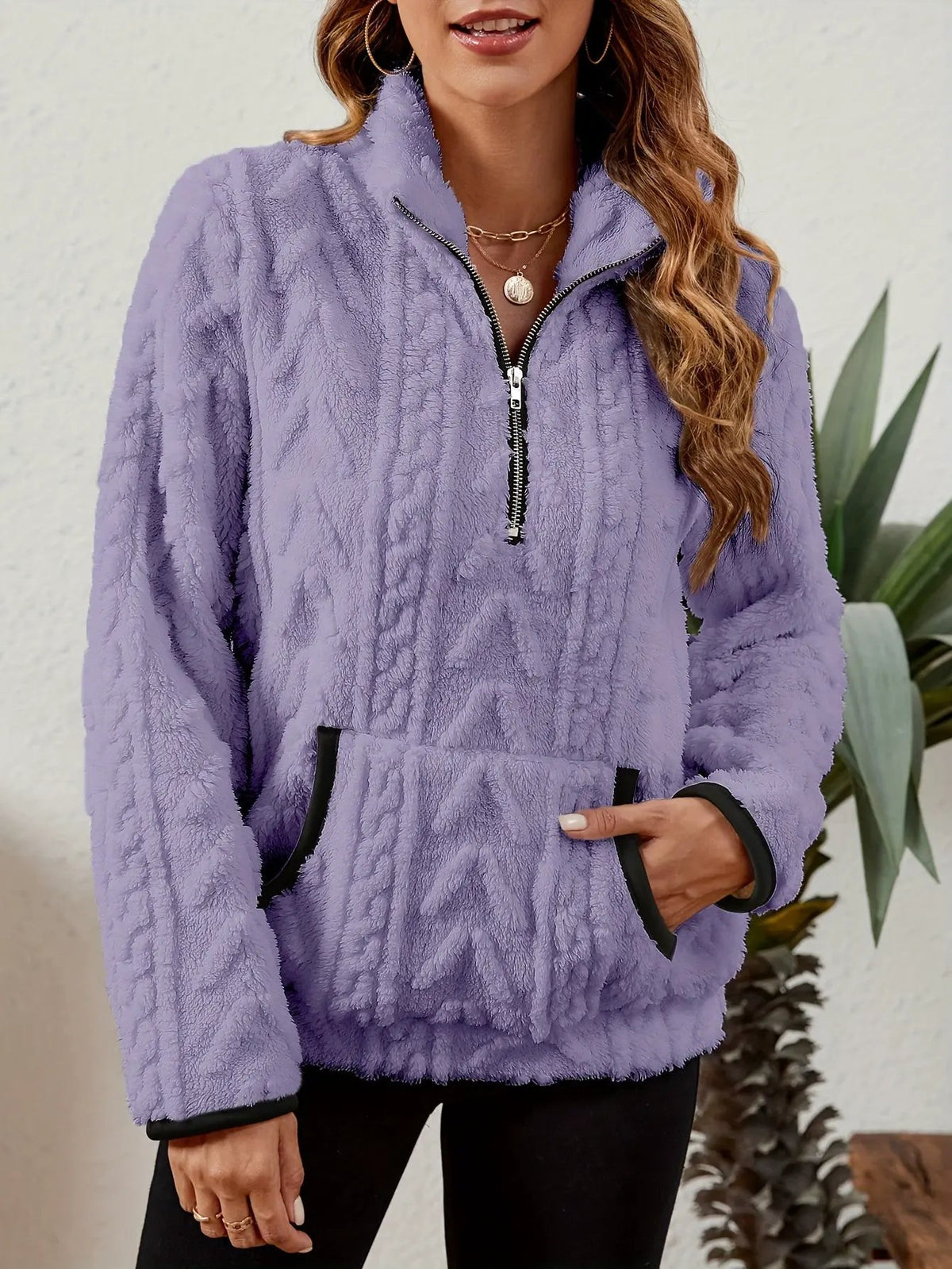 Textured Women's Half Zip Pullover Kangaroo Pocket-Women's Sweaters-Bellmaren-Burgundy-S-My Store