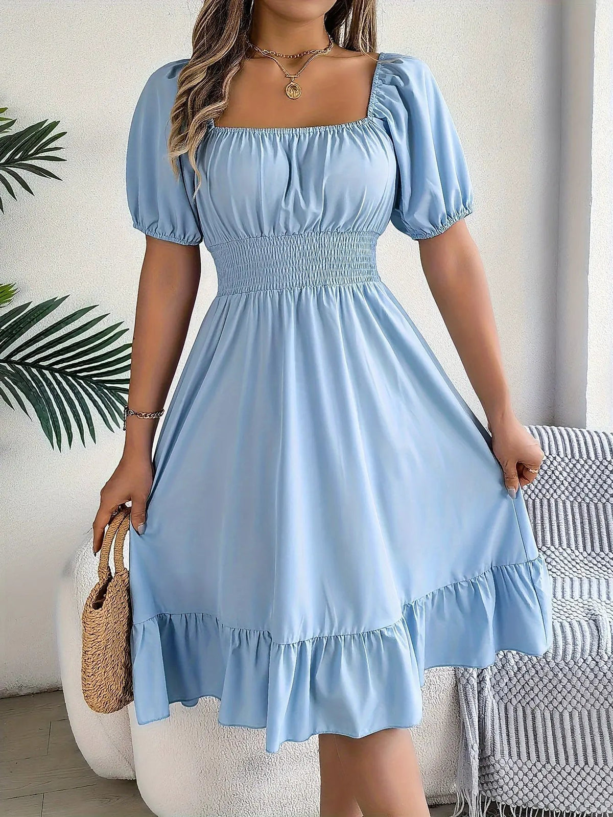 Women's Square Neck Ruffle Hem A-Line Dress-Women's Dresses-Bellmaren-Sky Blue-S-My Store