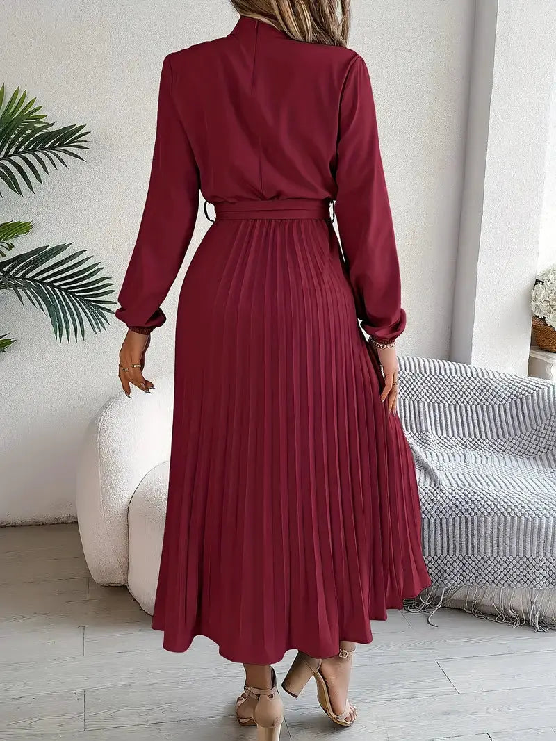 Women's Long-Sleeve Belted Pleated Midi Dress by Bellmaren