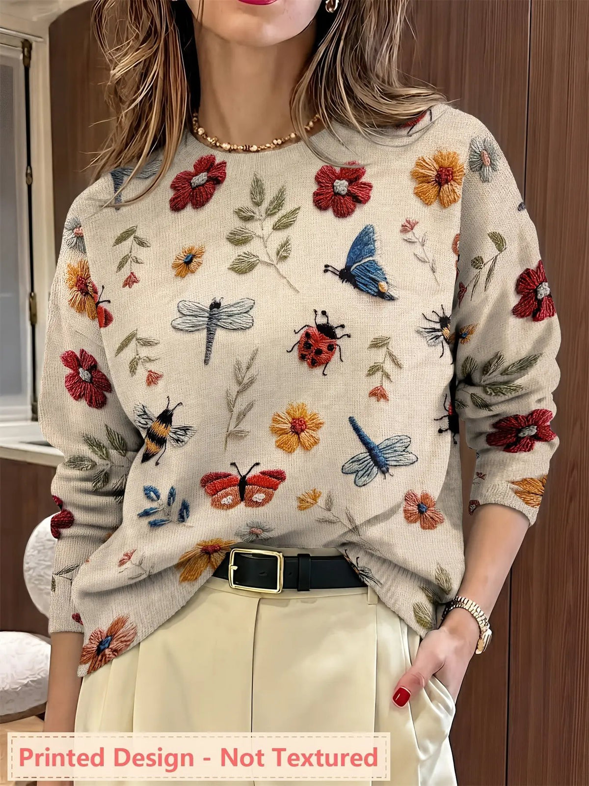 Women's Botanical Print Crew Neck Jumper For Layering by Bellmaren