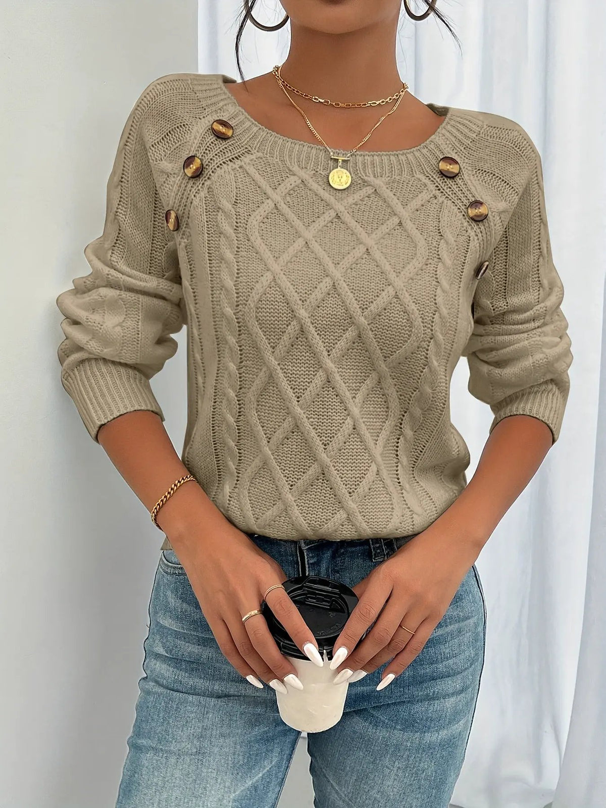 Women's Button-Front Textured Jumper with Lantern Sleeves by Bellmaren