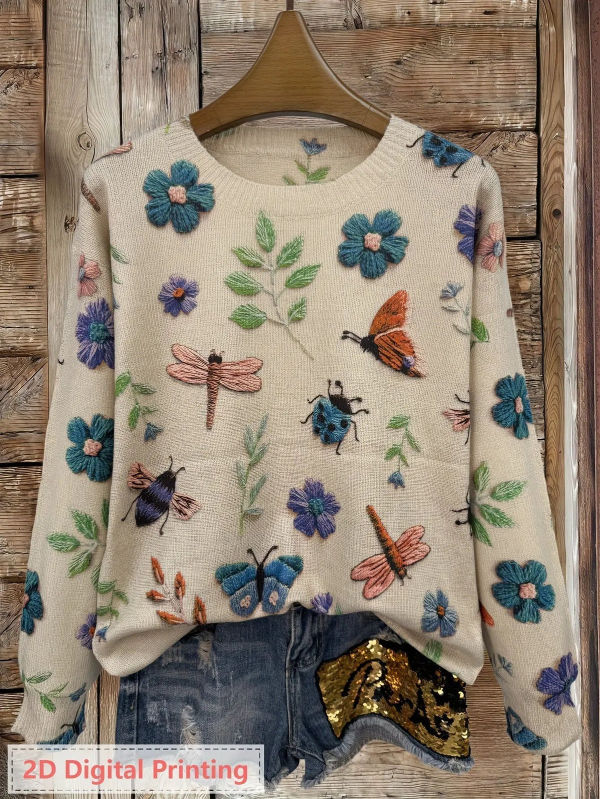Women's Botanical Print Crew Neck Jumper For Layering by Bellmaren