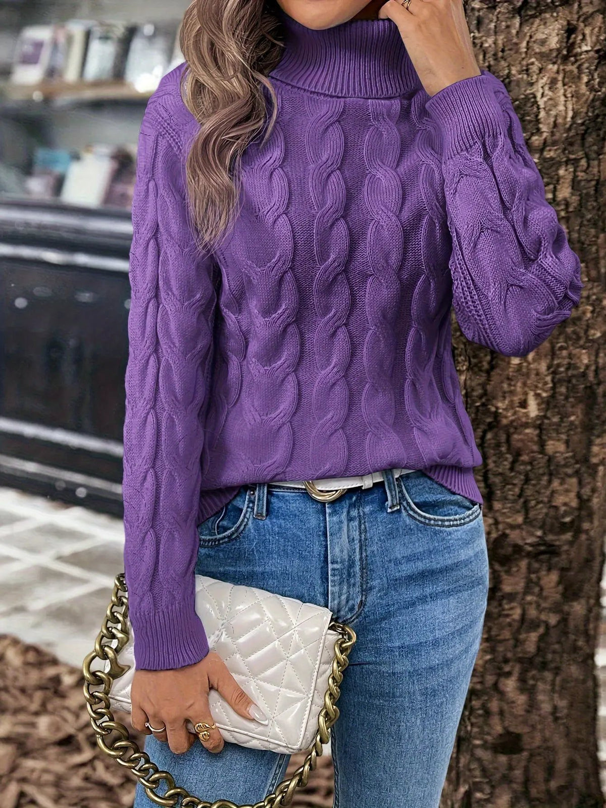 Women's Cable Knit Turtleneck Jumper in Relaxed Fit-Women's Sweaters-Bellmaren-Red-S-My Store
