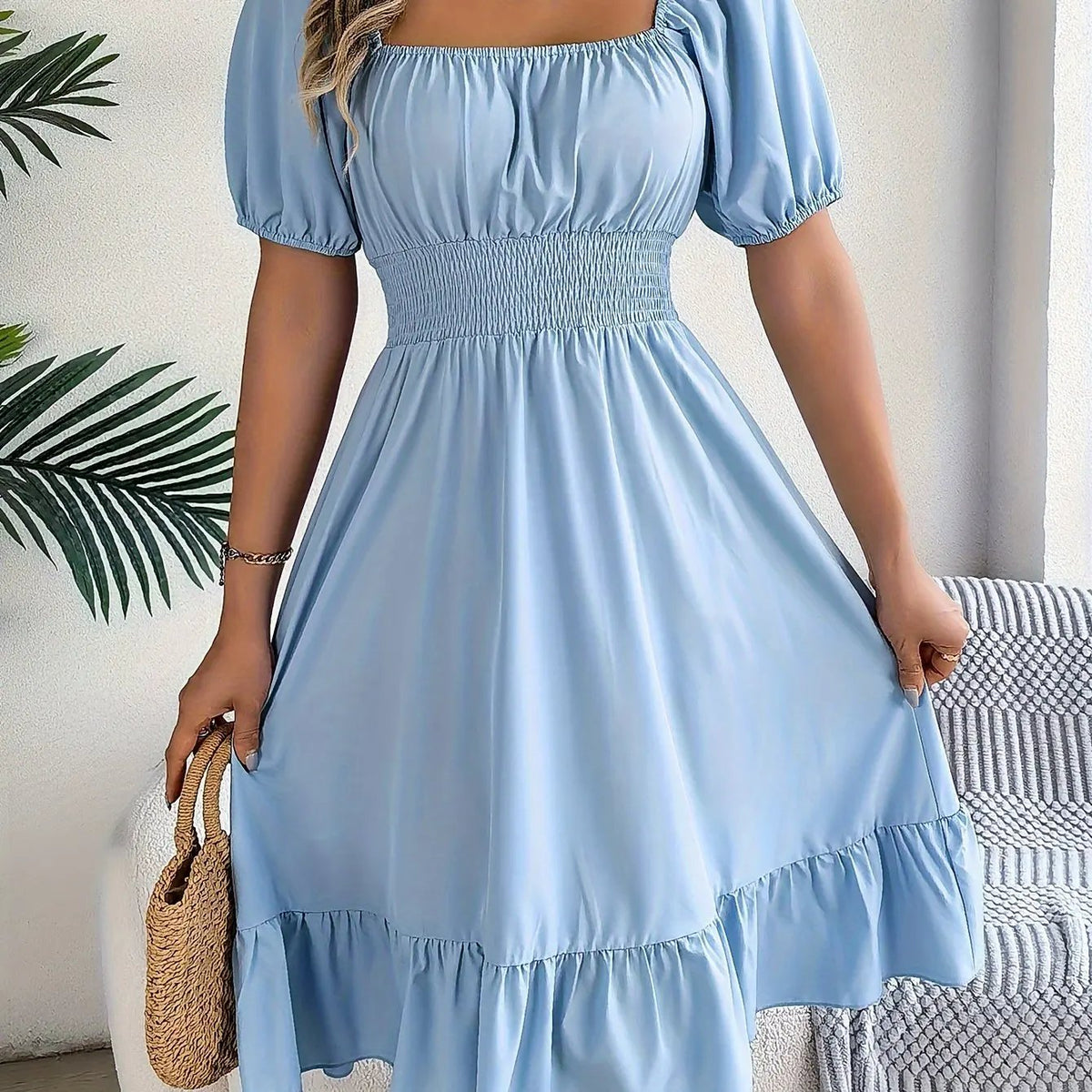 Women's Square Neck Ruffle Hem A-Line Dress-Women's Dresses-Bellmaren-Sky Blue-S-My Store